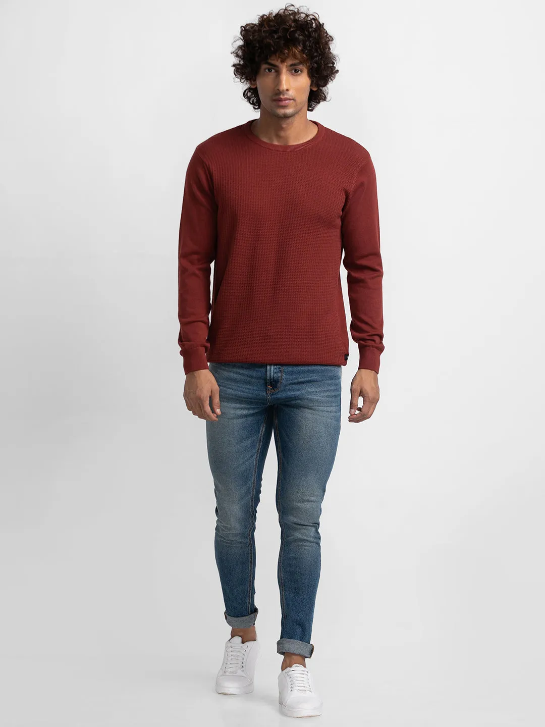 Spykar Brick Red Cotton Full Sleeve Casual Sweater For Men