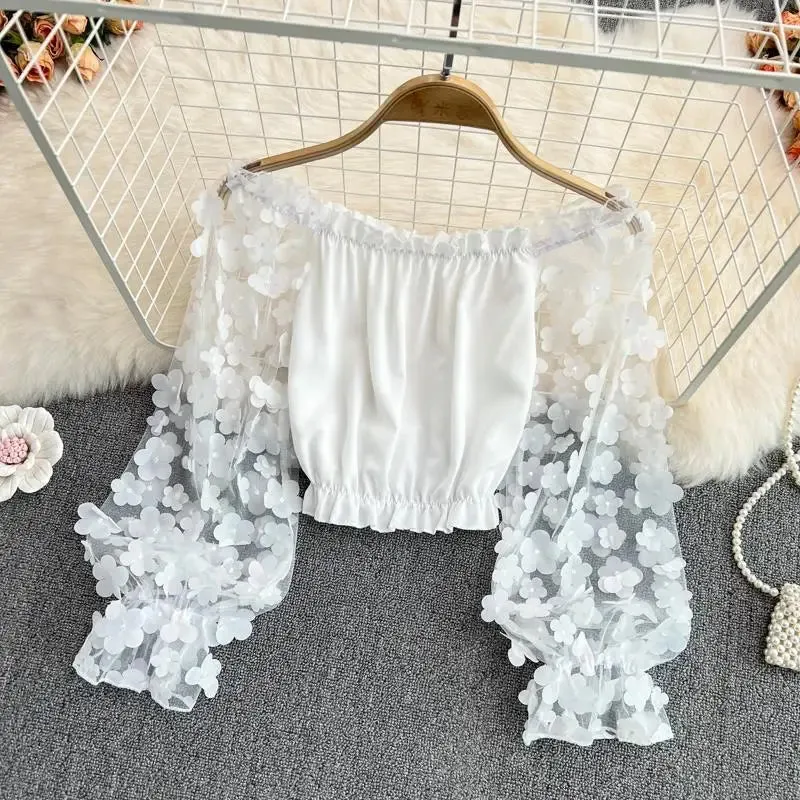 Trendy Floral Mesh Sheer Long Sleeve Crop Lace Blouse