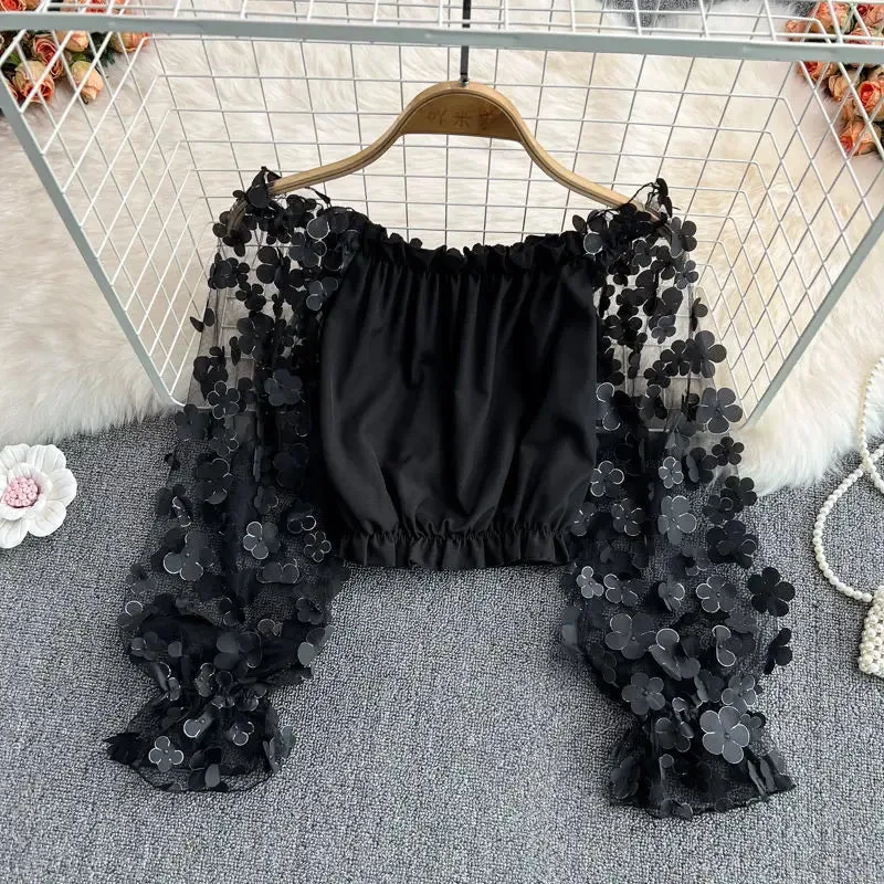 Trendy Floral Mesh Sheer Long Sleeve Crop Lace Blouse