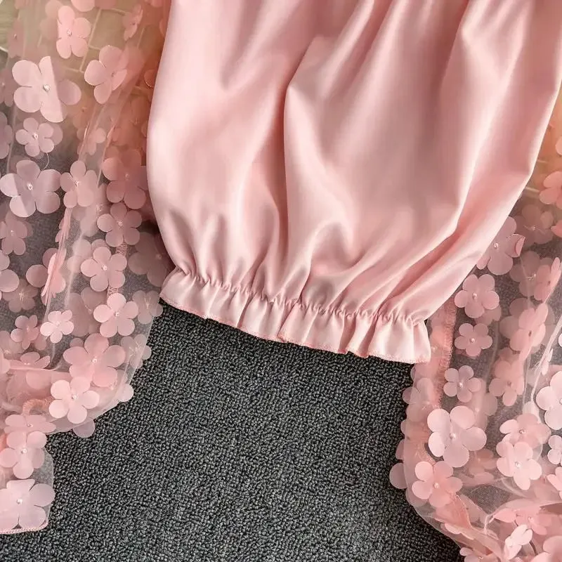 Trendy Floral Mesh Sheer Long Sleeve Crop Lace Blouse