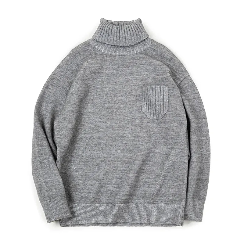 Vintage Grey Blend Turtleneck Sweater - Men's Solid Color Warm Jumper