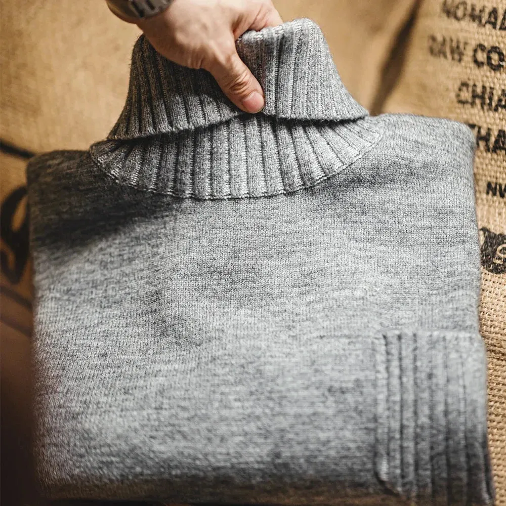 Vintage Grey Blend Turtleneck Sweater - Men's Solid Color Warm Jumper