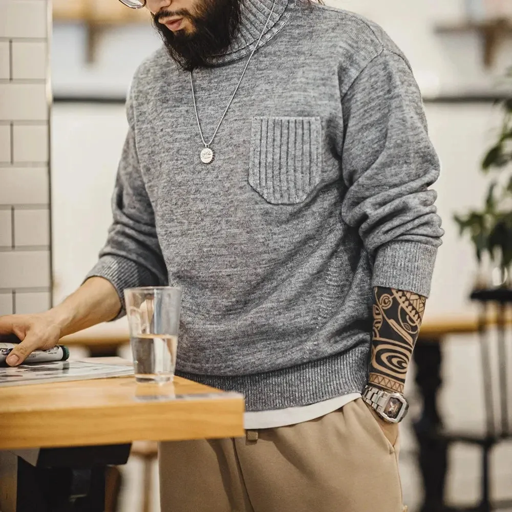 Vintage Grey Blend Turtleneck Sweater - Men's Solid Color Warm Jumper