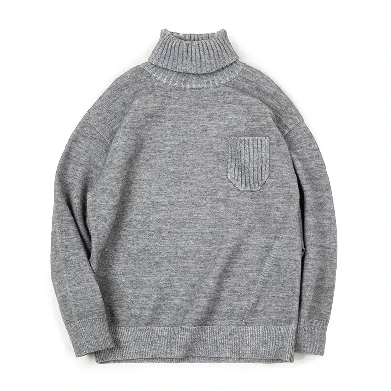 Vintage Grey Blend Turtleneck Sweater - Men's Solid Color Warm Jumper