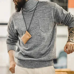 Vintage Grey Blend Turtleneck Sweater - Men's Solid Color Warm Jumper