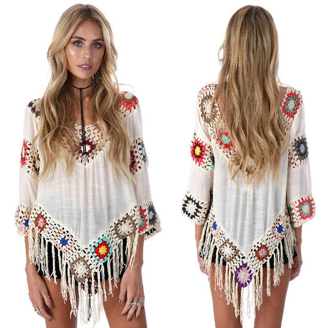 White Lace Hand Crochet Chiffon Blouses